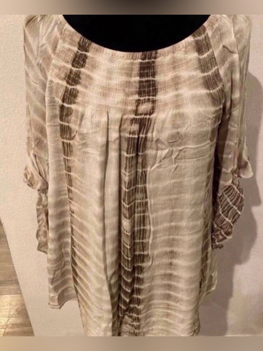 Women's Long Sleeve Taupe Tie-Dye Peasant Blouse (Size L)
